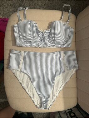 Anthropologie Blue and White Striped High-Waist Bikini Set